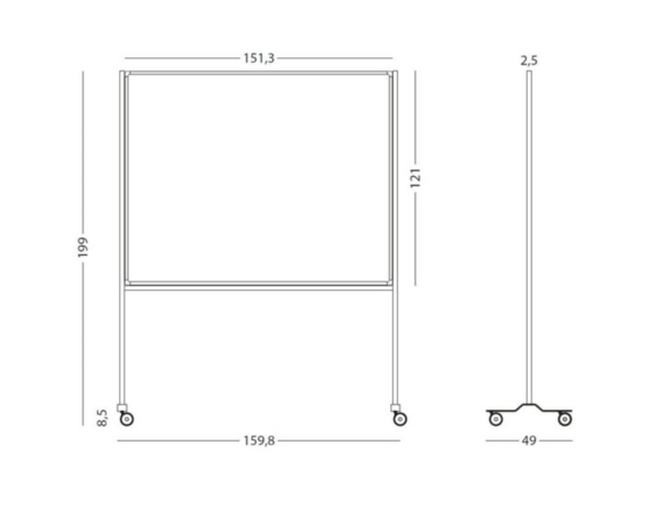 Verrijdbaar Whiteboard - 120 x 150 cm - Zwart Frame Afmetingen